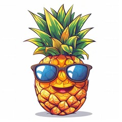 Fresh pineapple with sunglasses closeup view over plain background