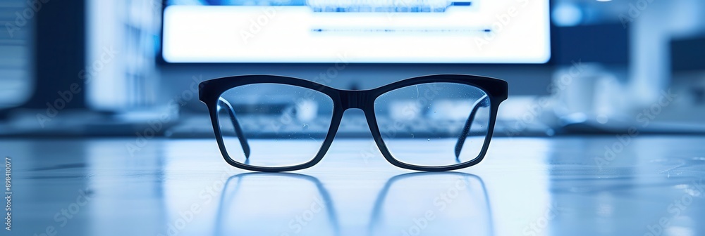 Wall mural a pair of black eyeglasses rests on a blue desk in front of a blurry computer monitor. generative ai