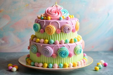 Vibrant pastel hues surround a beautifully decorated two-tiered birthday cake adorned with candies and creamy swirls, celebrating a toddler's second year milestone.