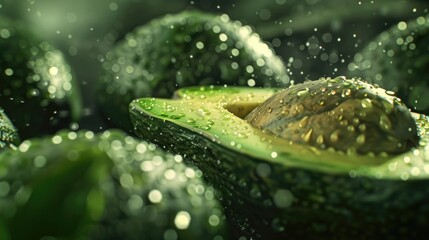 Close-up of an avocado with water droplets,  showing the texture of the avocado and the light reflecting off the water.