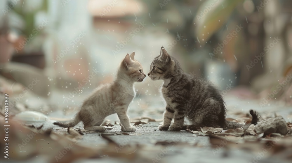 Poster two kittens face each other on a rainy day, looking at one another with curiosity. generative ai