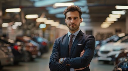 Confident businessman in a showroom with cars in the background.