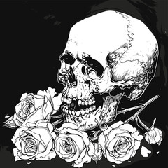 Skull and roses with halftone stipple effect, for a grunge punk design. Vector illustration for a vintage emo gothic banner