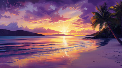 Illustration, beautiful beach on a paradise island at sunset. Palm trees, sand, sea, serene sunset.