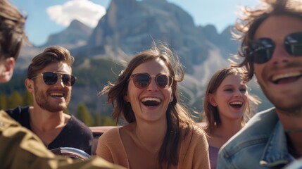 Friends laughing and enjoying a scenic mountain road trip.
