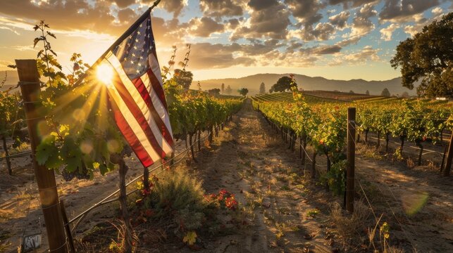 Sun shining through an american flag in a vineyard with lush green vines at sunset