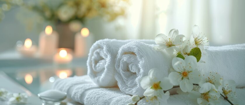 Spa background towel bathroom white luxury concept massage candle bath. Bathroom white wellness spa background towel relax aromatherapy flower accessory zen therapy aroma beauty setting table salt oil