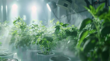 A close-up view of a row of green plants growing indoors under artificial lights, with a light mist in the air.