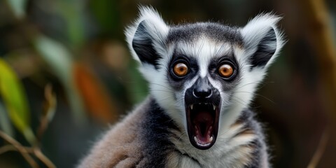 Obraz premium A ring-tailed lemur with striking orange eyes looks surprised in a natural forest setting.