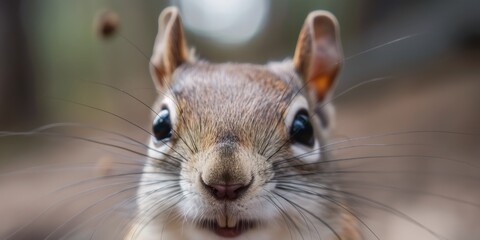 A brown squirrel with large black eyes stares ahead in a sharp focus, highlighting its inquisitive nature.