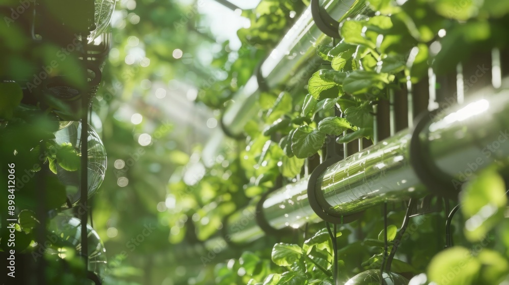 Poster green leafy plants grow in a hydroponic system, with clear tubes running along a metal structure. su