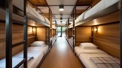 Modern hostel dormitory with wooden interiors, featuring multiple bunk beds and individual reading lights, with natural light from the large windows.