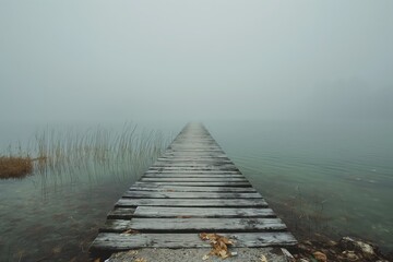 Obraz premium A long, weathered wooden pier extending into a calm, fog-covered lake surrounded by water reeds and a misty atmosphere.