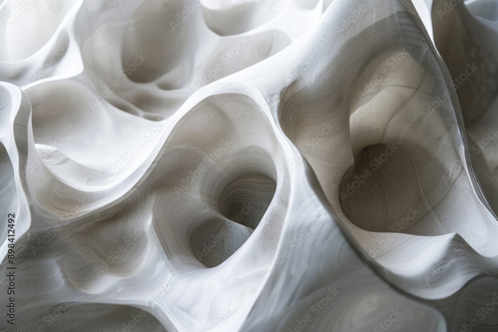 Poster soft, organic shapes merging into one another, white sculpture with multiple holes, creating a uniqu