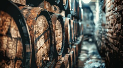 Wooden whiskey barrels stacked in a dimly lit cellar