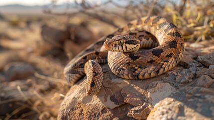 Fototapeta premium Coiled Gopher Snake Resting on Sunlit Rocks in a Desert Landscape
