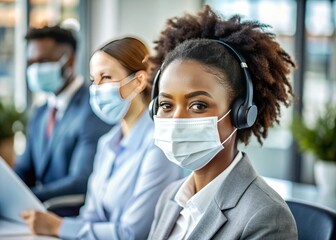 One African American contact center telemarketing agent wearing face mask for health and safety chatting on headset in office. Female consultant on covid pandemic