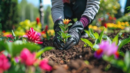 Hands planting a flower in the ground.