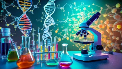 Research medical DNA lab science biotechnology scientist laboratory clinic medicine chemistry. Medical analysis DNA research equipment technology test microscope work health scientific Generative AI
