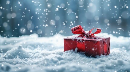 Red gift box with a bow in the snow.