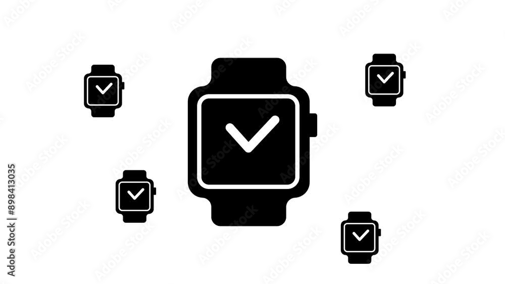 Poster zoom in and out animation the smart watch symbol. large black symbol in the center and four small sy