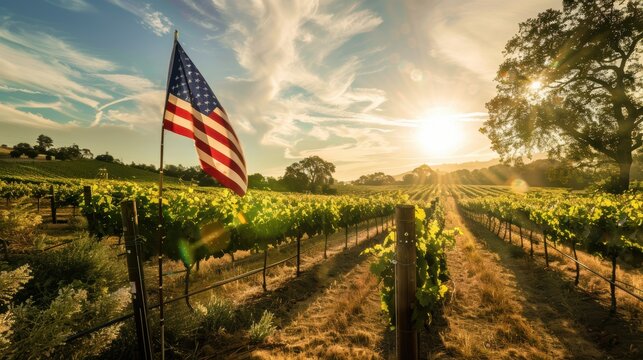 The american flag flutters above a vineyard at sunset, blending nature's beauty with winemaking traditions. Rows of grapevines promise a bountiful harvest in this serene rural scene
