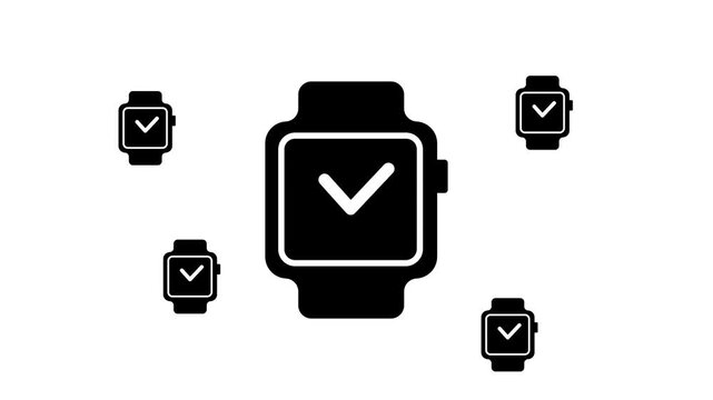 Zoom in and out animation the smart watch symbol. Large black symbol in the center and four small symbols around. Seamless looped 4k animation on white background