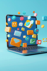 Floating online product icons from a laptop screen, highlighting multi-channel marketing, 3D animation render,