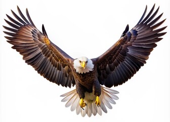 Obraz premium Majestic North American bald eagle spreads wide wings, soaring in mid-air with feathers ruffled, sharp talons extended, against a crisp white isolated background.