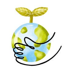 Hand holding planet earth with leaf. Ecosystem and careful attitude to nature, take care of the planet. Children's cartoon illustration on isolated background