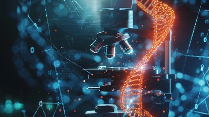 Microscope lens focused on glowing DNA helix, symbolizing genetic research and biotechnology advancements in a futuristic laboratory setting.