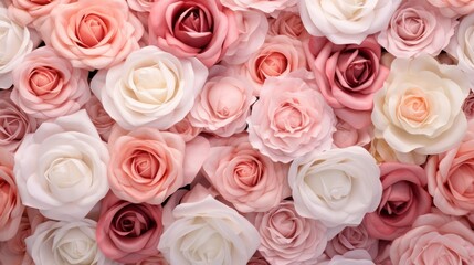 Pink and white roses in a bridal bouquet as a background