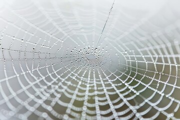 Obraz premium Extreme closeup of a spider web glistening with dew, showcasing the intricate threads and delicate patterns