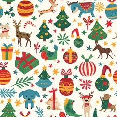 A seamless pattern displaying Christmas ornaments and wrapping paper with festive animals, arranged in a playful and joyful layout