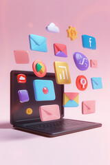 Animated product icons floating from a laptop, highlighting multi-channel marketing for digital businesses, 3D render,