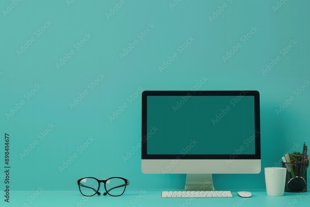 Aufkleber a modern desktop setup with a computer, glasses, and a cup on a turquoise desk. generative ai