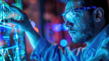 A man wearing futuristic goggles is interacting with a digital interface.