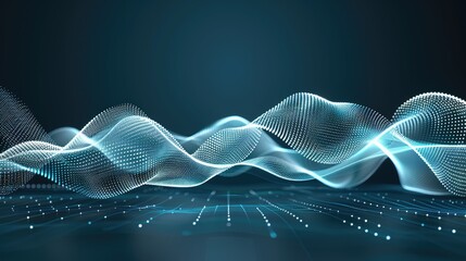 A digital wave pattern of white dots on a dark blue background