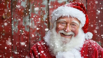 Happy Santa Claus in a snowy winter scene.