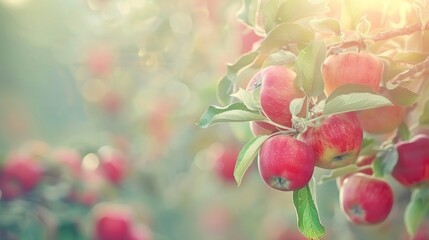 Apples on a farm or agro environment are sustainable. Red fruit on plant for harvest is healthy, eco-friendly, and succulent.