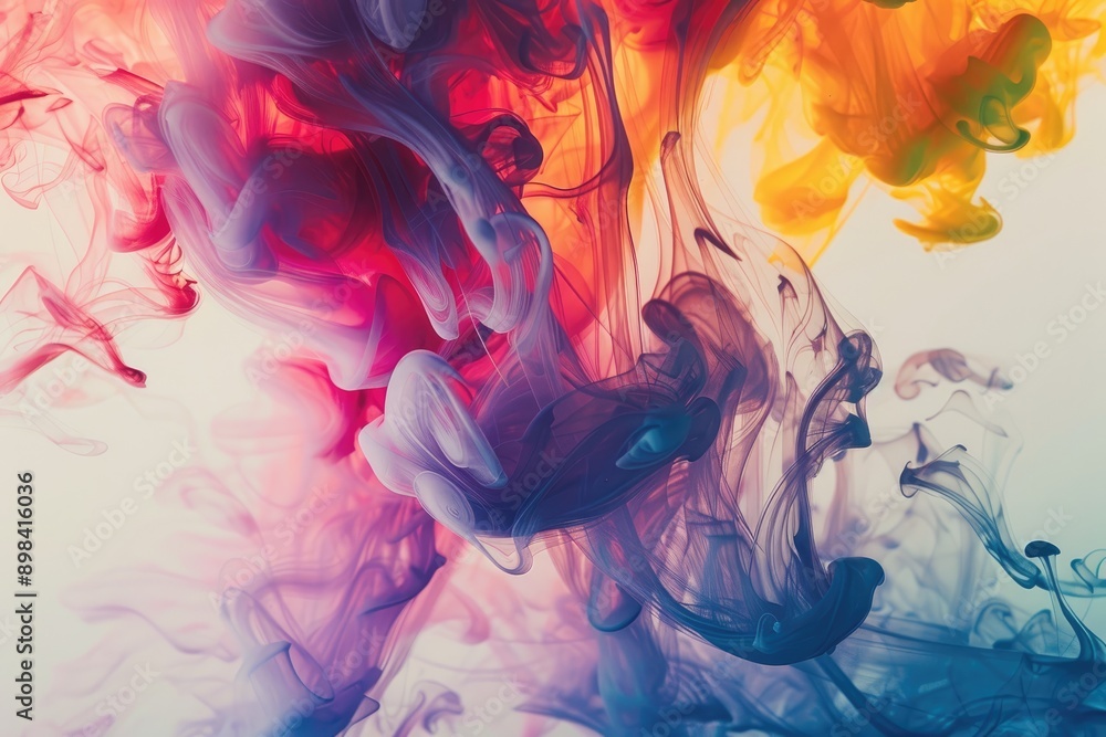 Poster soft washes of color bleeding into each other, vivid red and blue ink swirling in water, creating a 