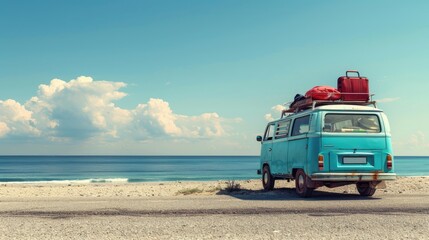 Vintage camper van parked on a sandy beach, overlooking the ocean.