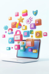 Floating online product icons from a laptop, representing multi-channel marketing in 3D animation,