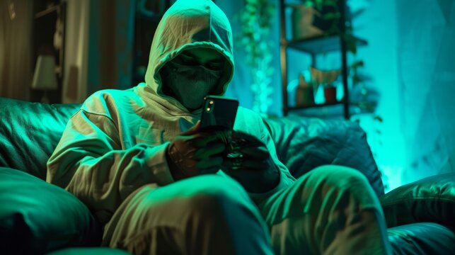 Hackers phishing passwords, databases, and websites with phones, night hoodies, and neon. Security programmer, green ransomware developer, installs malware code