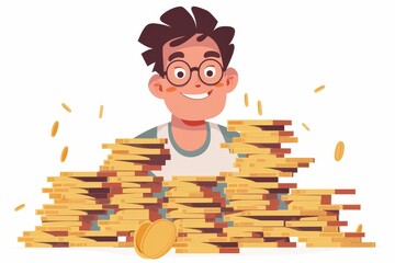 Smiling Boy Surrounded by Stacked Gold Coins