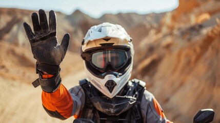 Naklejka premium Desert race, sand dunes training, motorbike arm stretch. High-energy dirt bike racer with extreme sports experience.