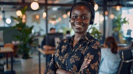 Obraz premium Arms crossed, black woman laughing at joke at customer service office. crm consulting, proud sales agent, cheerful telemarketer, rep, or female consultant.