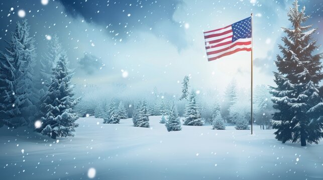 Winter wonderland scene with american flag waving in snowy forest and falling snow