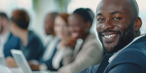 Black businessman smiling confidently using tablet in boardroom. Diversity of businesspeople meeting and working with black manager. Technology-related browsing