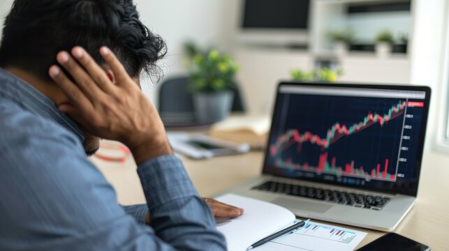 Man with headache, laptop, stock market crisis, bankruptcy, and financial error or inaccurate figures. A depressed trader on a computer screen, statistics, or trading